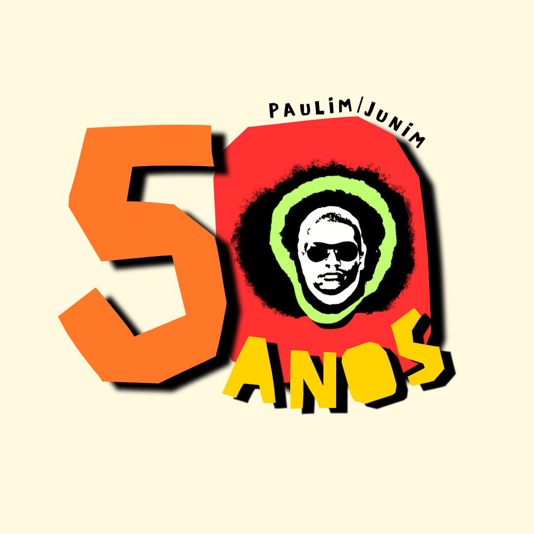 Logotipo da festa de 50 anos do Paulim / Junim. Números 5 em laranja e 0 em vermelho, com várias faces dentro